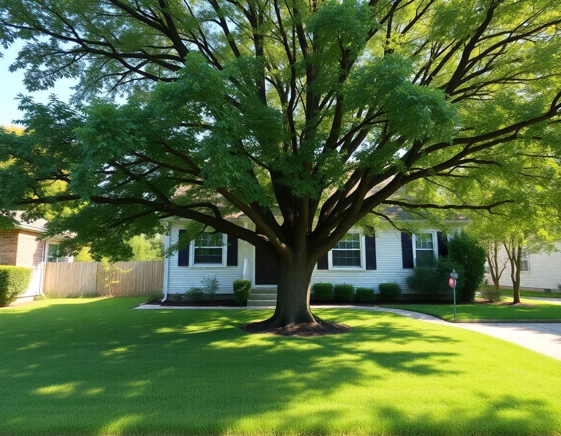 A large oak tree in the front yard of a house
